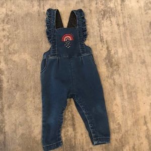 Catimini (12m) denim overall with adorable rainbow detail and ruffles on back